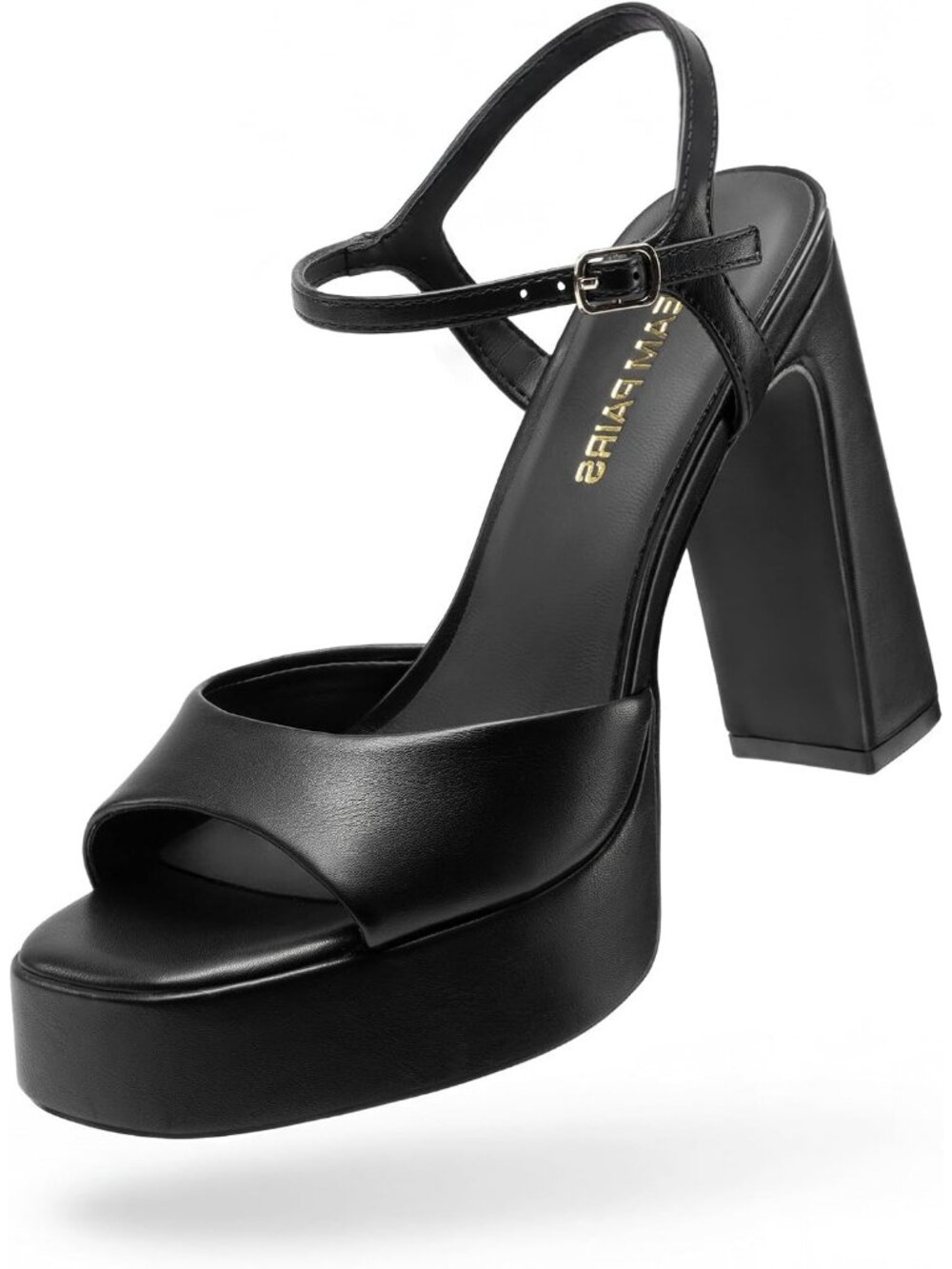 Women's Black Faux Leather Square Toe Chunky Ankle Strap Block Heel Sandals
